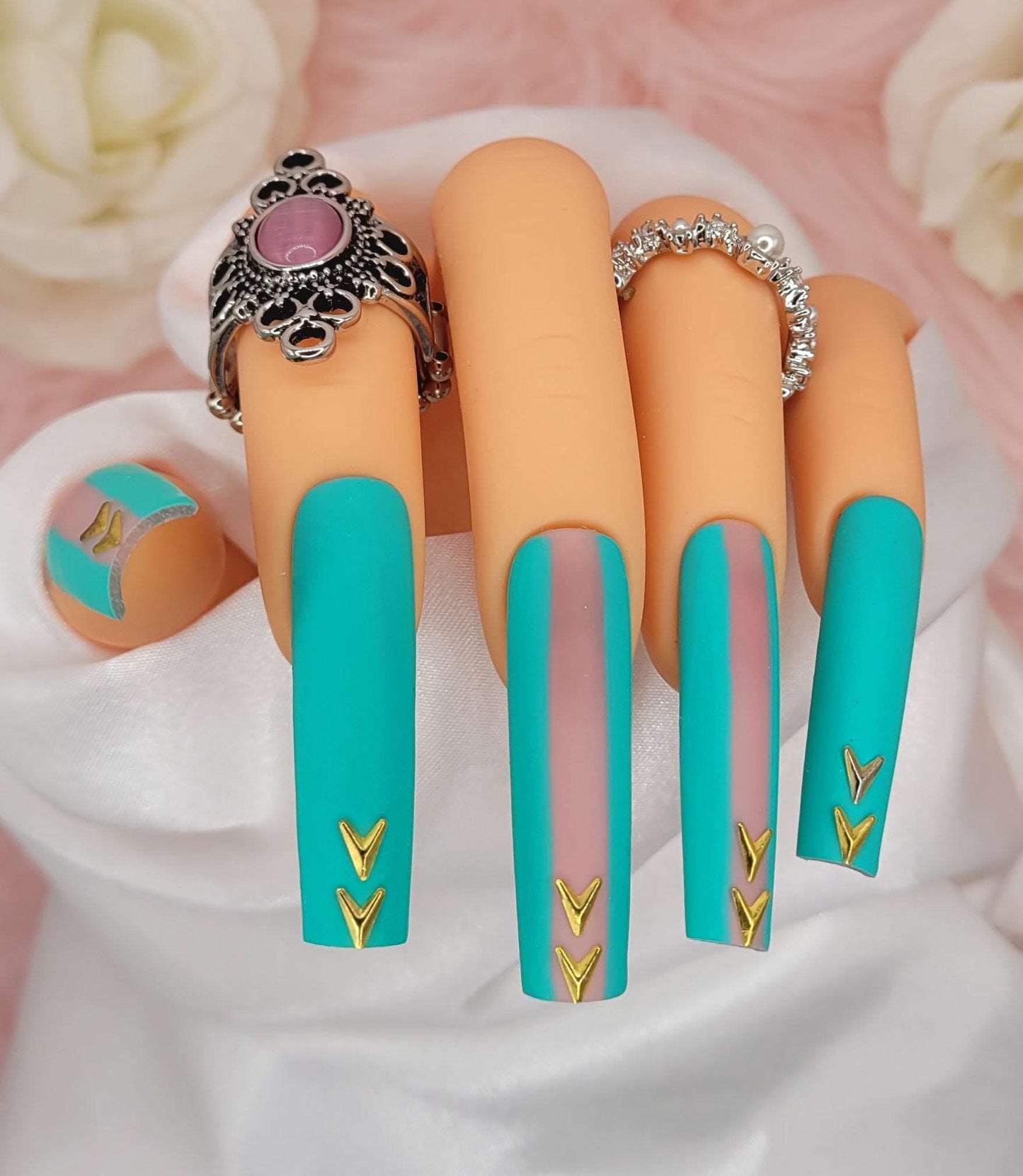 Get trendy with Teal Baby - press on nails available at Kiss My Polish.