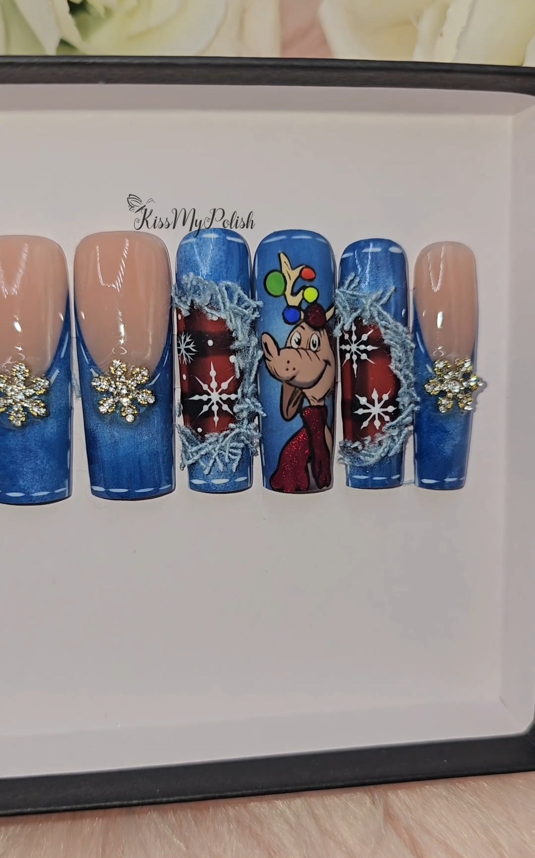 Get trendy with Christmas Jeans - press on nails available at Kiss My Polish.