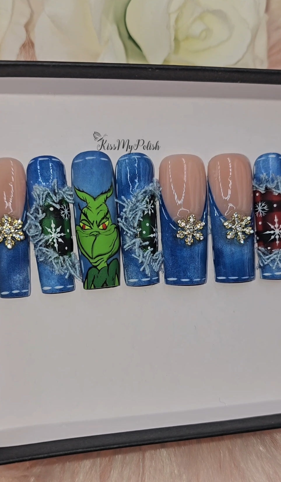 Get trendy with Christmas Jeans - press on nails available at Kiss My Polish.