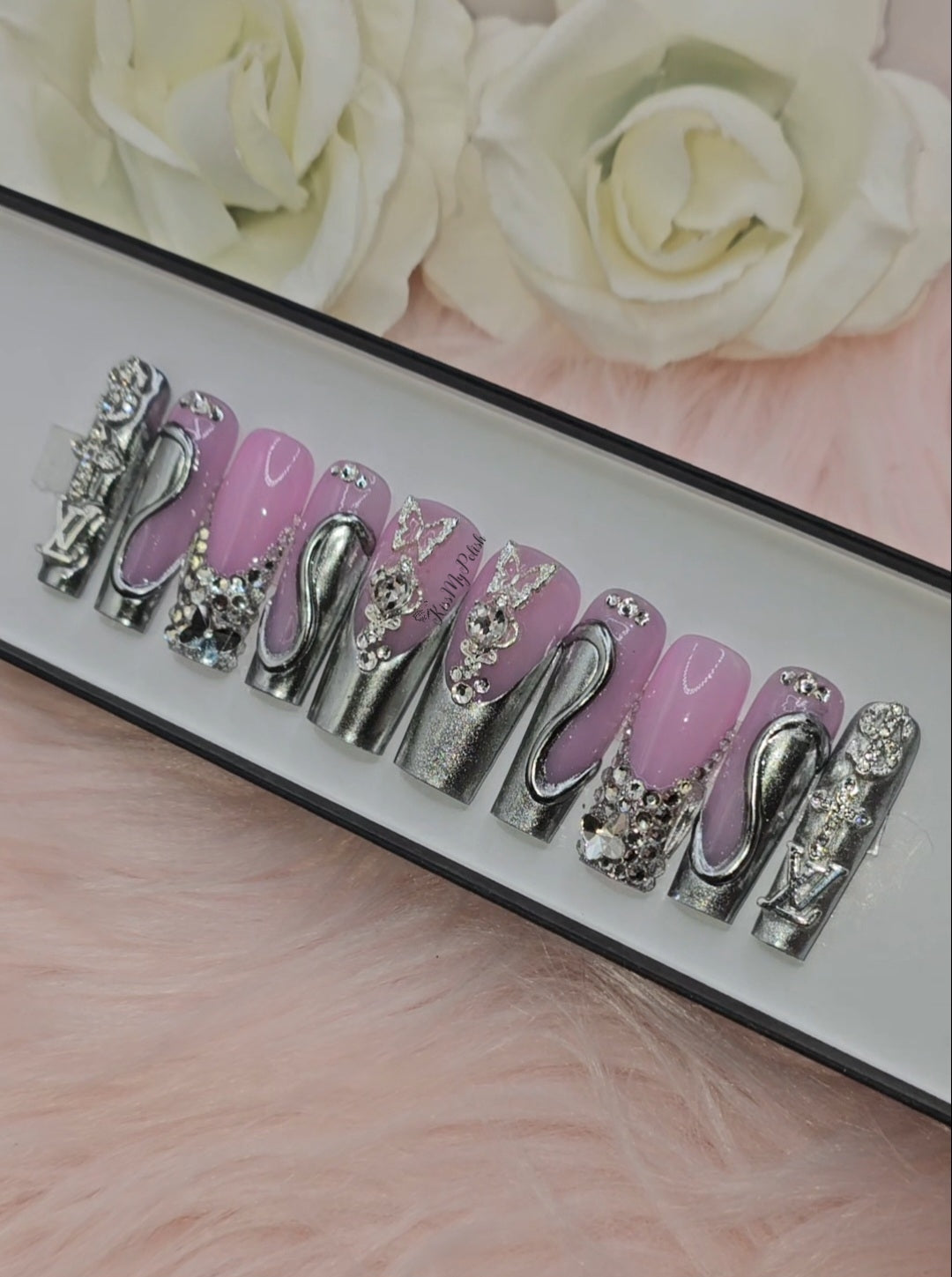 Get trendy with Chrome Baddie - press on nails available at Kiss My Polish.