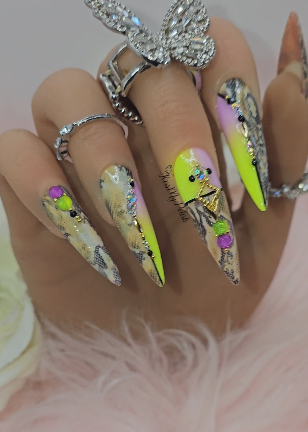 Get trendy with Neon Snake Print - press on nails available at Kiss My Polish.