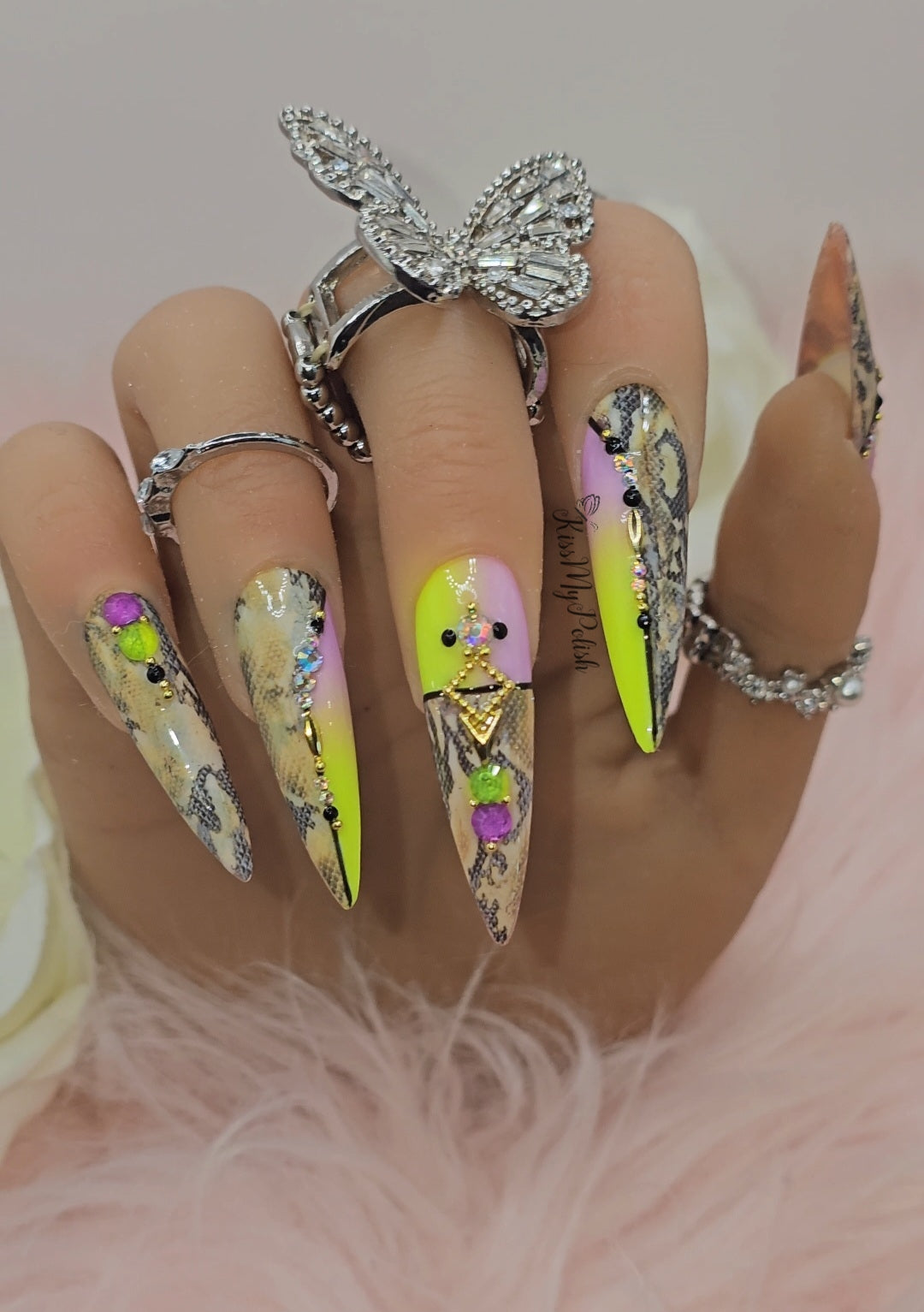 Get trendy with Neon Snake Print - press on nails available at Kiss My Polish.