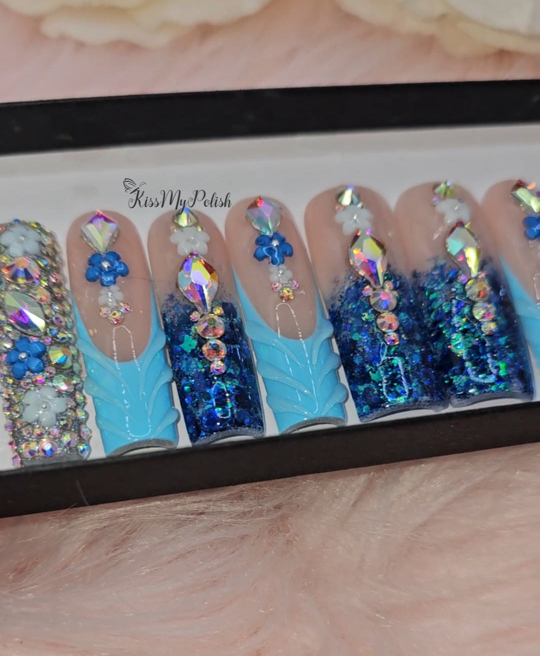 Get trendy with Blue Sparkle - press on nails available at Kiss My Polish.