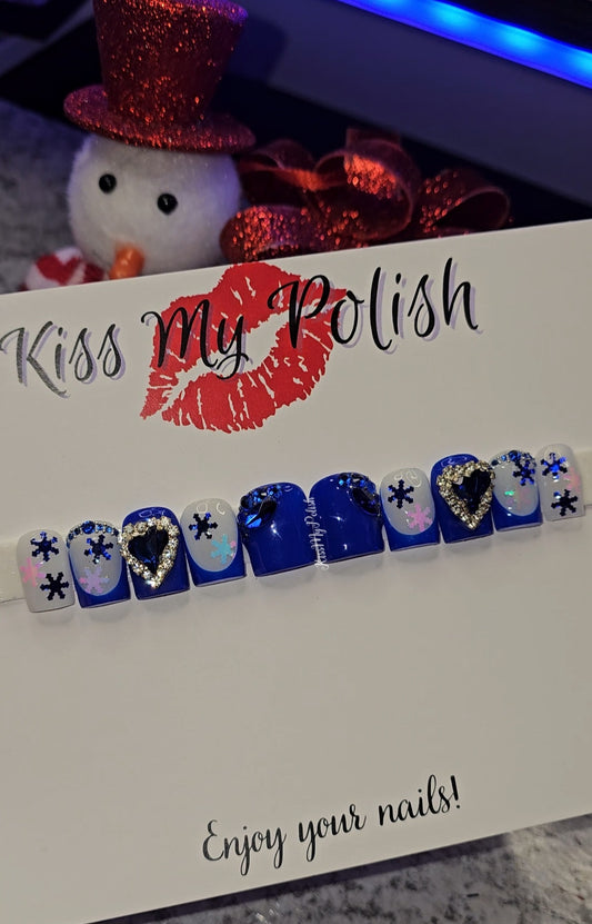 Get trendy with Blue Christmas Glam - press on nails available at Kiss My Polish.