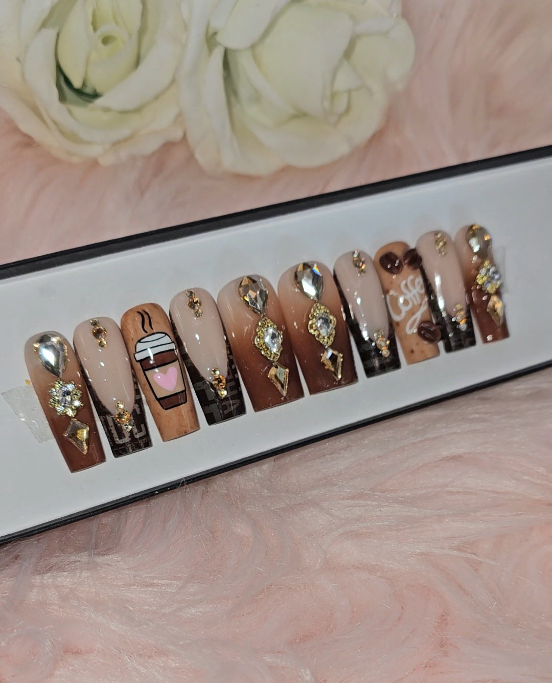 Get trendy with Coffee Lover - press on nails available at Kiss My Polish.