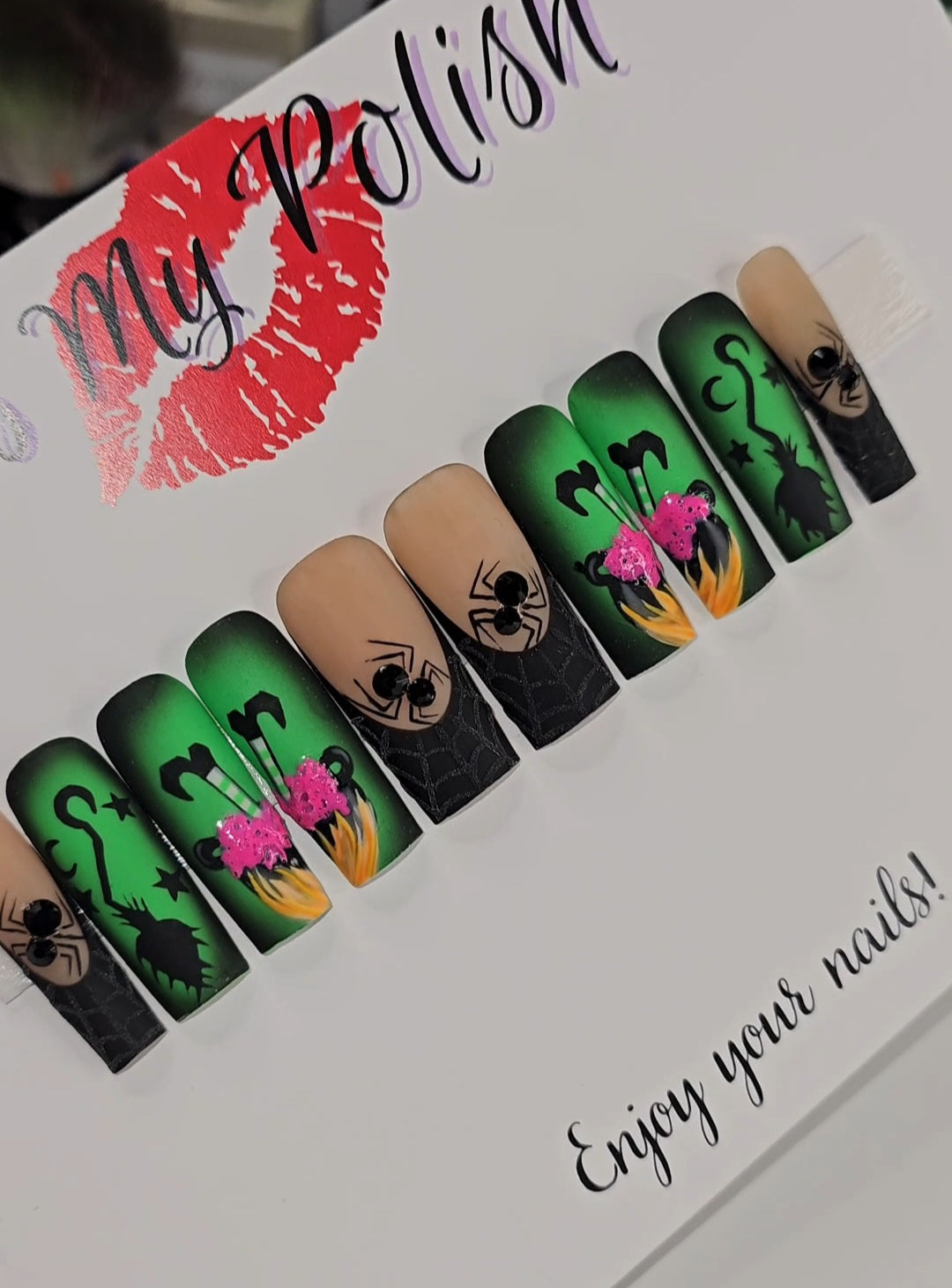 Get trendy with Witches Brew - press on nails available at Kiss My Polish.