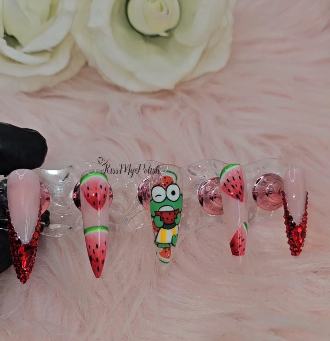 Get trendy with Watermelon Bling - press on nails available at Kiss My Polish.