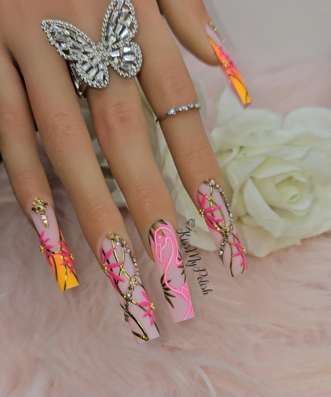 Get trendy with Flamingo Glow - press on nails available at Kiss My Polish.