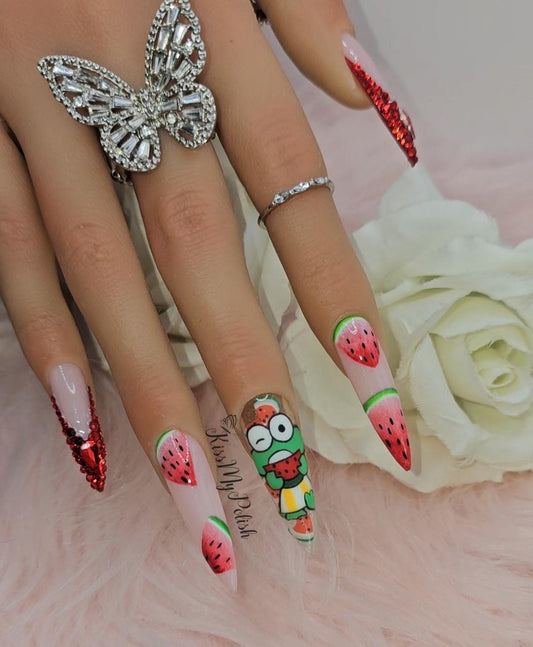 Get trendy with Watermelon Bling - press on nails available at Kiss My Polish.