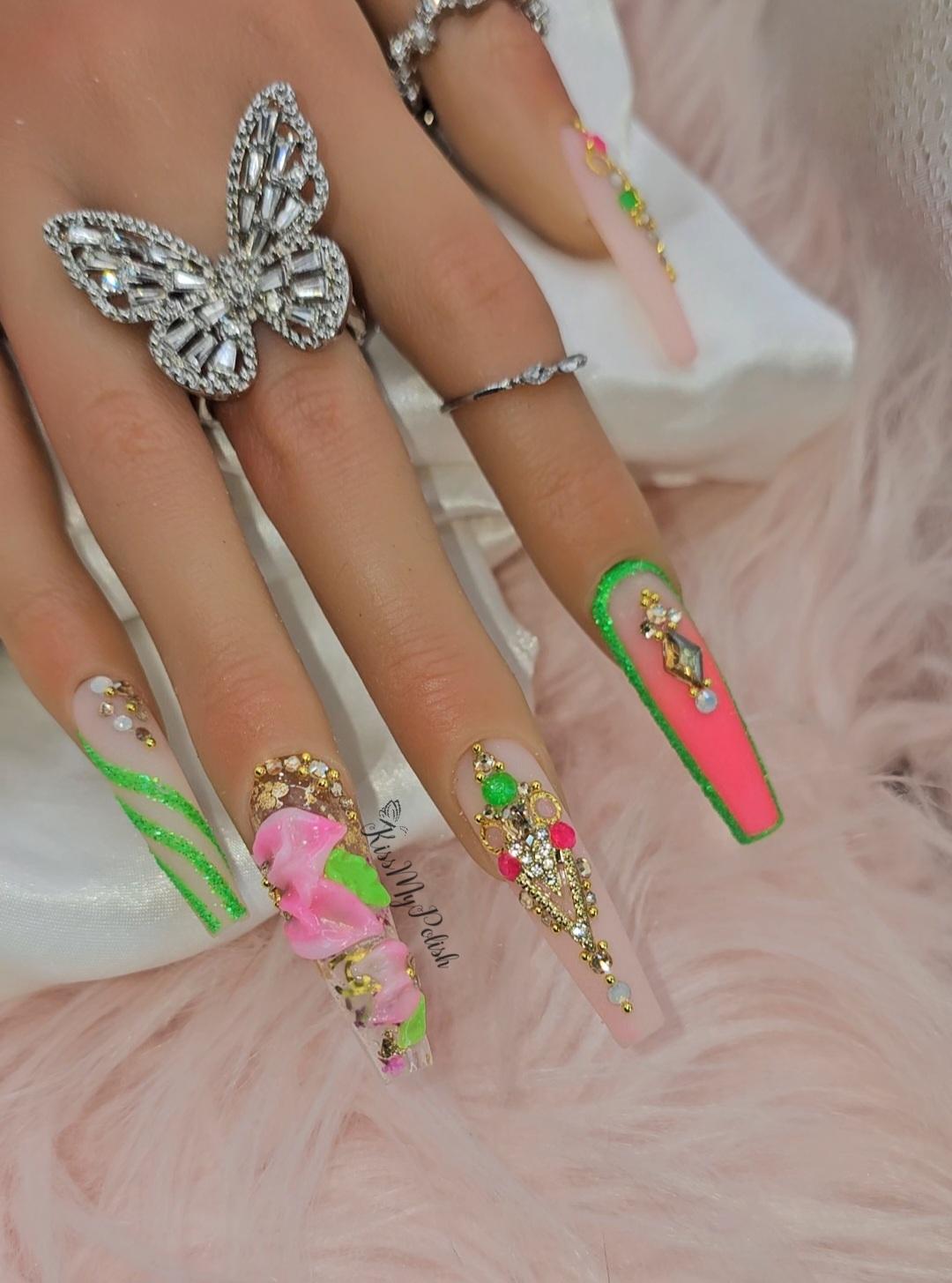 Get trendy with Watermelon Sugar - press on nails available at Kiss My Polish.