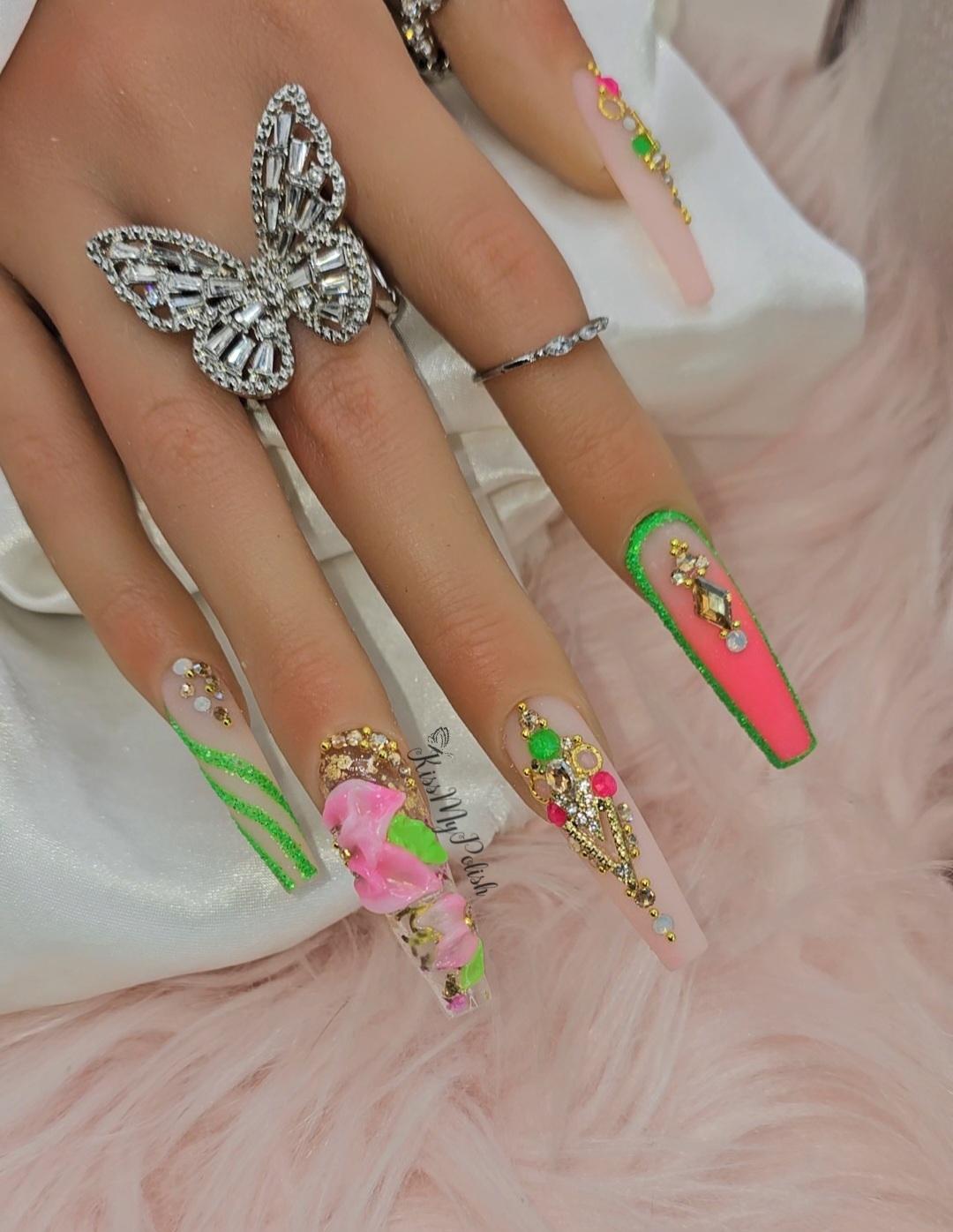 Get trendy with Watermelon Sugar - press on nails available at Kiss My Polish.